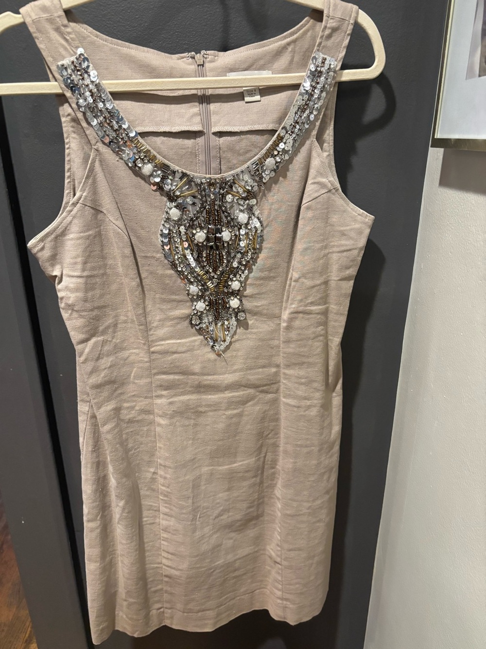 Boston Proper Beaded-Neckline Sleeveless Mini Dress in Beige